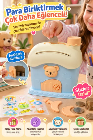 Mavi Ev Tasarımlı Sevimli Çocuk Kumbarası Anahtarlı Para Biriktirme Kutusu Stickerlı 16 x 13 cm