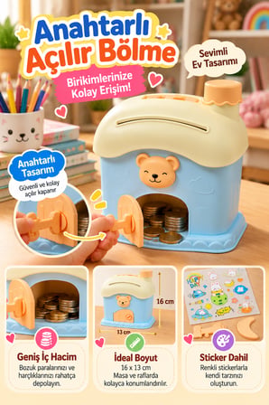 Mavi Ev Tasarımlı Sevimli Çocuk Kumbarası Anahtarlı Para Biriktirme Kutusu Stickerlı 16 x 13 cm