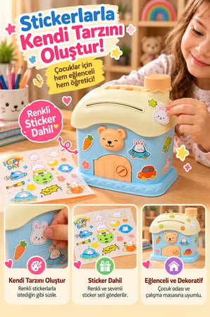 Mavi Ev Tasarımlı Sevimli Çocuk Kumbarası Anahtarlı Para Biriktirme Kutusu Stickerlı 16 x 13 cm