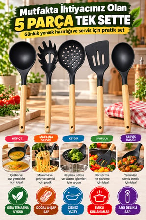 5'li Mutfak Servis Seti Ahşap Saplı 31 cm Kepçe Kevgir Spatula Makarna ve Servis Kaşığı Mutfak Seti!