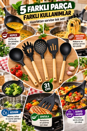 5'li Mutfak Servis Seti Ahşap Saplı 31 cm Kepçe Kevgir Spatula Makarna ve Servis Kaşığı Mutfak Seti!