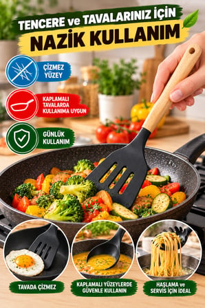 5'li Mutfak Servis Seti Ahşap Saplı 31 cm Kepçe Kevgir Spatula Makarna ve Servis Kaşığı Mutfak Seti!