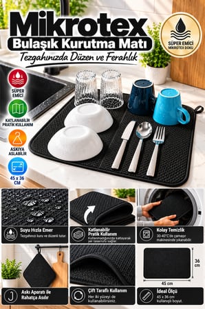 Siyah Bez Mikrotex Bulaşık Kurutma Matı 45x36 cm Süper Emici Katlanabilir Tezgah Üstü Kurutma Mat