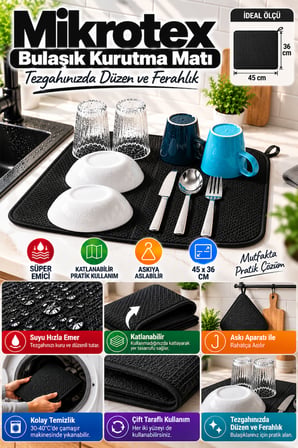 Siyah Bez Mikrotex Bulaşık Kurutma Matı 45x36 cm Süper Emici Katlanabilir Tezgah Üstü Kurutma Mat
