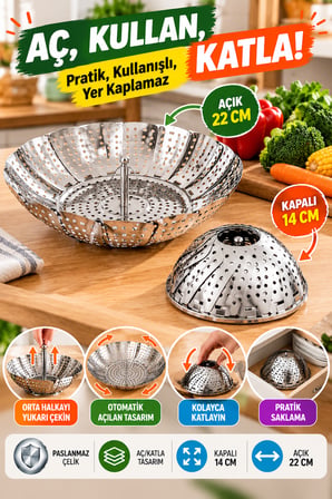 Katlanabilir Paslanmaz Çelik Buharda Sebze Pişirme Haşlama Aparatı 22 cm Buhar Sepeti Orta Boy Ürün