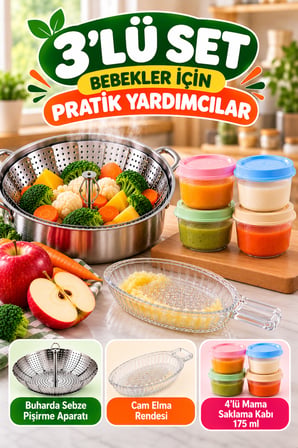 3'lü Bebek Ek Gıda Seti Buharda Sebze Pişirme Aparatı Cam Elma Rendesi 4'lü 175 ml Mama Saklama Kabı