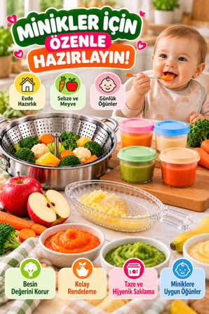 3'lü Bebek Ek Gıda Seti Buharda Sebze Pişirme Aparatı Cam Elma Rendesi 4'lü 175 ml Mama Saklama Kabı