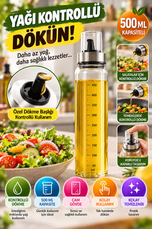 500 ML Cam Yağlık Ölçekli Yağdanlık Kontrollü Dökme Başlıklı Kapaklı Zeytinyağı Şişesi ve Sosluk