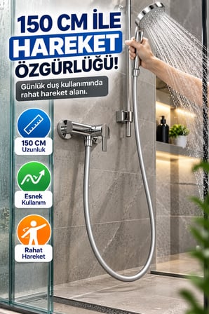 150 Cm Gri PVC Duş Hortumu Esnek Banyo Duş Başlığı Hortumu Metal Bağlantılı Pratik Kullanım Tek Adet