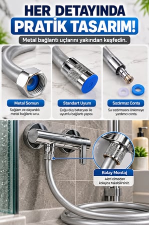 150 Cm Gri PVC Duş Hortumu Esnek Banyo Duş Başlığı Hortumu Metal Bağlantılı Pratik Kullanım Tek Adet