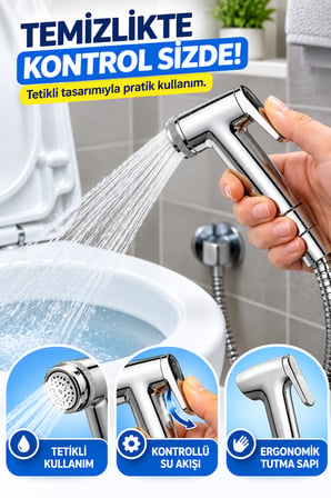 Krom Tabancalı Taharetmatik Taharet Musluğu Seti 100 cm Spiral Çelik Hortumlu Duvar Askılı WC Spreyi