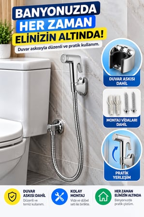 Krom Tabancalı Taharetmatik Taharet Musluğu Seti 100 cm Spiral Çelik Hortumlu Duvar Askılı WC Spreyi