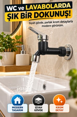 Siyah Plastik Bahçe WC Musluğu Filtreli Perlatörlü Tek Kollu Aç Kapa Duvar Tipi Lavabo Su Musluğu Ev