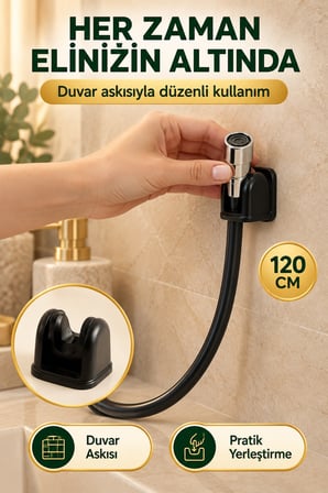 Siyah Taharetmatik Hortum 120 cm Perlatörlü Uç Duvar Askılı Esnek Banyo Tuvalet Taharet Hortumu Seti