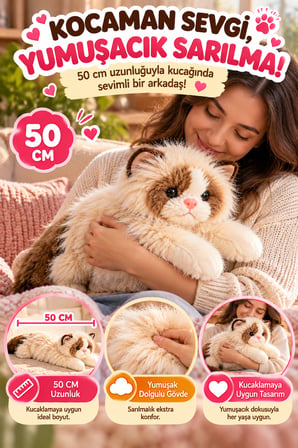 Krem Gerçek Kedi Görünümlü Pelüş Kedi 50 cm Uzun Tüylü Yumuşacık Sarılmalık Dekoratif Oyuncak Kedi