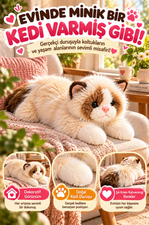 Krem Gerçek Kedi Görünümlü Pelüş Kedi 50 cm Uzun Tüylü Yumuşacık Sarılmalık Dekoratif Oyuncak Kedi