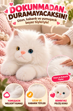 Beyaz Gerçek Kedi Görünümlü Pelüş Kedi 50 cm Uzun Tüylü Yumuşacık Sarılmalık Dekoratif Oyuncak Kedi