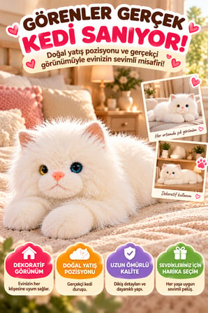 Beyaz Gerçek Kedi Görünümlü Pelüş Kedi 50 cm Uzun Tüylü Yumuşacık Sarılmalık Dekoratif Oyuncak Kedi