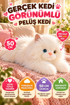 Beyaz Gerçek Kedi Görünümlü Pelüş Kedi 50 cm Uzun Tüylü Yumuşacık Sarılmalık Dekoratif Oyuncak Kedi