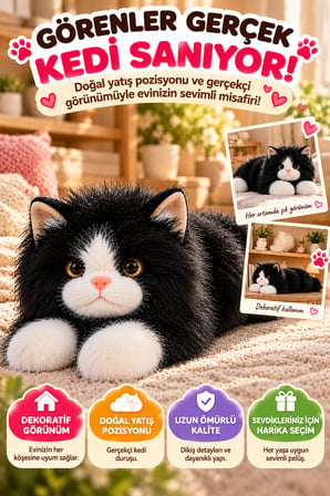 Siyah Gerçek Kedi Görünümlü Pelüş Kedi 50 cm Uzun Tüylü Yumuşacık Sarılmalık Dekoratif Oyuncak Kedi