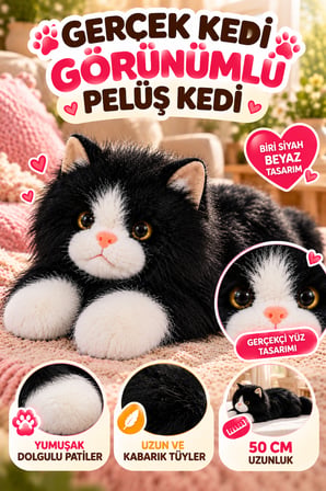 Siyah Gerçek Kedi Görünümlü Pelüş Kedi 50 cm Uzun Tüylü Yumuşacık Sarılmalık Dekoratif Oyuncak Kedi
