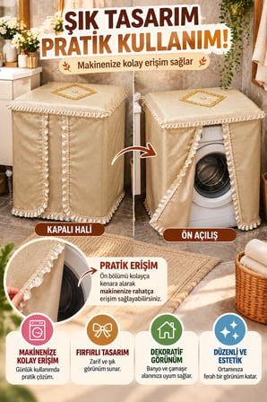 Kapıçino Çamaşır Makinesi Örtüsü Fırfırlı Dantelli Dekoratif Toz Koruyucu Ön Açılır Lüks Kılıf Model