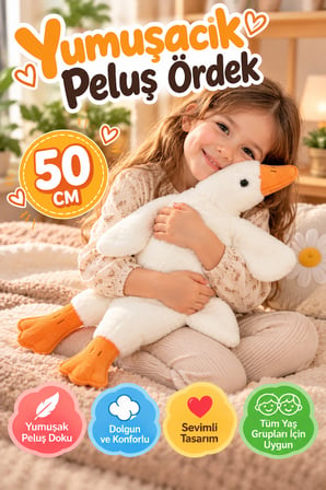 Beyaz Peluş Ördek 50 cm Yumuşak Welsoft Kumaşlı Sevimli Oyuncak Sarılmalık Uzun Ördek Çocuklar İçin!