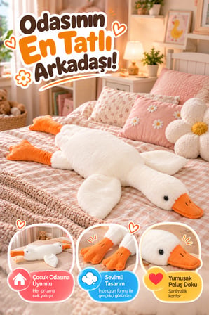 Beyaz Peluş Ördek 50 cm Yumuşak Welsoft Kumaşlı Sevimli Oyuncak Sarılmalık Uzun Ördek Çocuklar İçin!
