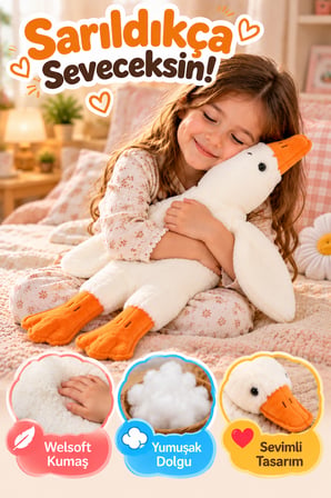 Beyaz Peluş Ördek 50 cm Yumuşak Welsoft Kumaşlı Sevimli Oyuncak Sarılmalık Uzun Ördek Çocuklar İçin!