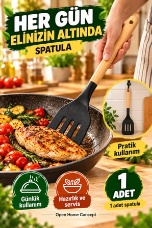 Ahşap Saplı Siyah Silikon Spatula 31 cm Delikli Tava Yemek Çevirici Krep Pankek Servis Mutfak Gereci