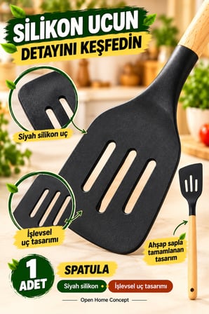 Ahşap Saplı Siyah Silikon Spatula 31 cm Delikli Tava Yemek Çevirici Krep Pankek Servis Mutfak Gereci