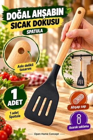 Ahşap Saplı Siyah Silikon Spatula 31 cm Delikli Tava Yemek Çevirici Krep Pankek Servis Mutfak Gereci