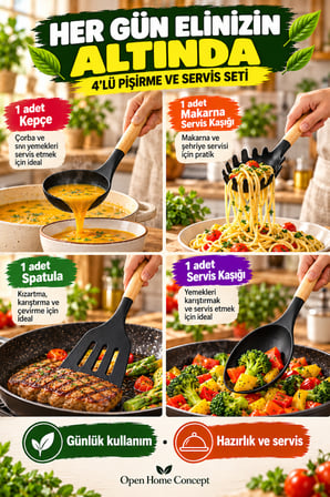 4’lü Ahşap Saplı Siyah Silikon Mutfak Gereçleri 31cm Kepçe Makarna Kaşığı Spatula Servis Kaşığı Seti