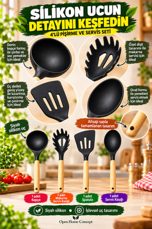 4’lü Ahşap Saplı Siyah Silikon Mutfak Gereçleri 31cm Kepçe Makarna Kaşığı Spatula Servis Kaşığı Seti