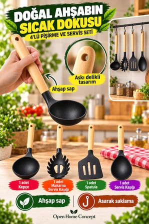 4’lü Ahşap Saplı Siyah Silikon Mutfak Gereçleri 31cm Kepçe Makarna Kaşığı Spatula Servis Kaşığı Seti