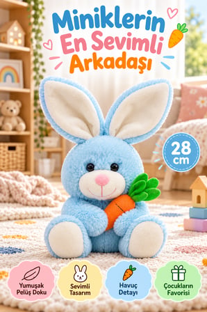 Mavi Tavşan Peluş Oyuncak 28 cm Havuçlu Sevimli Yumuşak Oyuncak Çocuk Odası Dekoru Uyku Arkadaşı Set