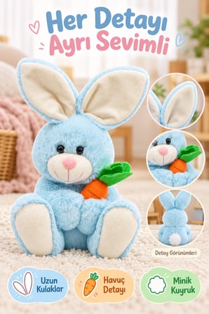 Mavi Tavşan Peluş Oyuncak 28 cm Havuçlu Sevimli Yumuşak Oyuncak Çocuk Odası Dekoru Uyku Arkadaşı Set