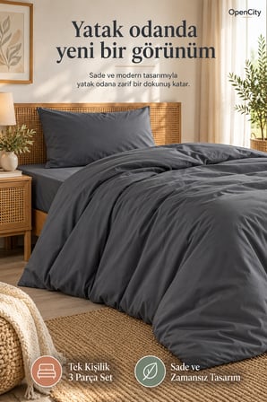 Antrasit Tek Kişilik Nevresim Takımı 3 Parça Düz Renk 160x220 Nevresim Çarşaf Yastık Kılıfı Şık Stil
