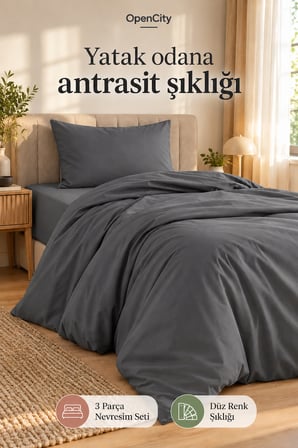 Antrasit Tek Kişilik Nevresim Takımı 3 Parça Düz Renk 160x220 Nevresim Çarşaf Yastık Kılıfı Şık Stil