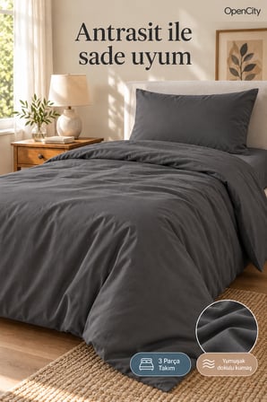 Antrasit Tek Kişilik Nevresim Takımı 3 Parça Düz Renk 160x220 Nevresim Çarşaf Yastık Kılıfı Şık Stil