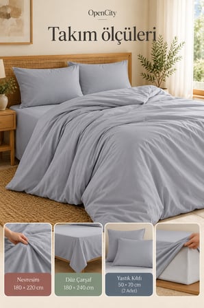 Çift Kişilik Gri Nevresim Takımı 4 Parça Düz Renk 180x220 Nevresim 180x240 Çarşaf 2 Yastık Kılıfı Ev