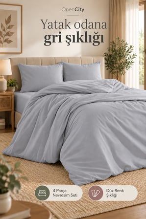Çift Kişilik Gri Nevresim Takımı 4 Parça Düz Renk 180x220 Nevresim 180x240 Çarşaf 2 Yastık Kılıfı Ev
