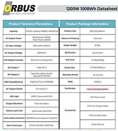 ORBUS 1200W (1132Wh) Power Station Taşınabilir Güç Kaynağı GÜÇ İSTASYONU