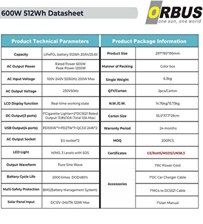 Orbus 600Watt Power Station Taşınabilir Güç Kaynağı