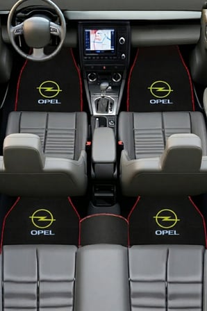 Opel Logolu 5 Parça Araç Halı Paspas Seti & Mavi Dijital Baskılı Boyun Yastık Aksesuar Seti