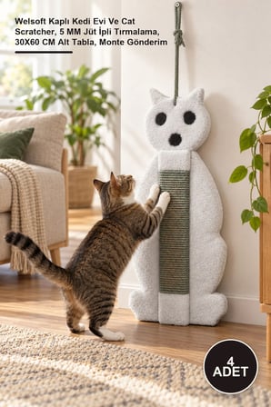 4 Adet Kedi Temalı Tırmalama Tahtası – Welsoft Kaplı Kedi Evi Ve Cat Scratcher, 5 MM Jüt İpli Tırmalama, 30X60 CM Alt Tabla, Monte Gönderim