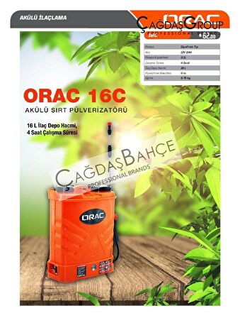 Orac 16C Akülü Şarjlı İlaçlama Makinesi Dezenfektan Makinesi