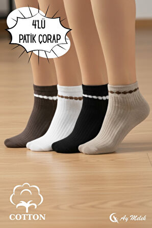 Kadın Çorap Doğal Pamuklu (4 Çift) Fitilli Yetişkin Kısa Çorap