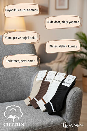 Kadın Çorap Doğal Pamuklu (4 Çift) Fitilli Yetişkin Kısa Çorap