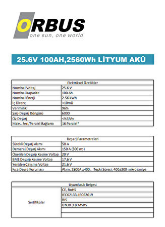 Orbus 25.6V 100Ah Solar&Marin LiFePO4 Lityum Akü